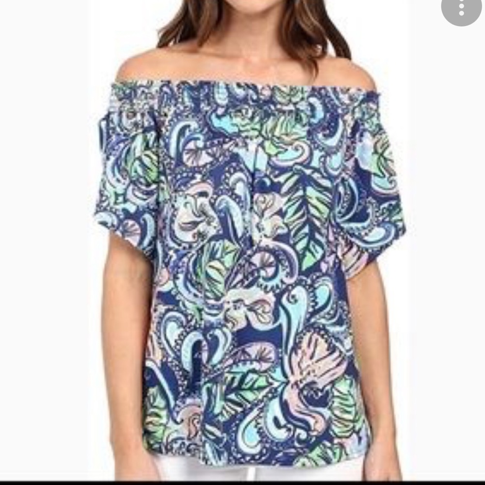 Lilly Pullitzer Blue Patterned Off The Shoulder S… - image 1